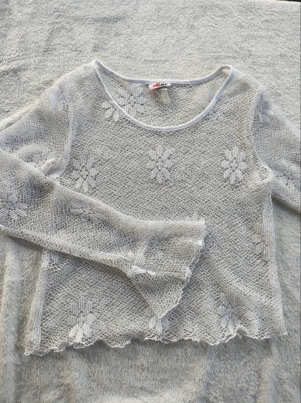 Wild Cat Sheer Crochet Knit Long Sleeve Top - White